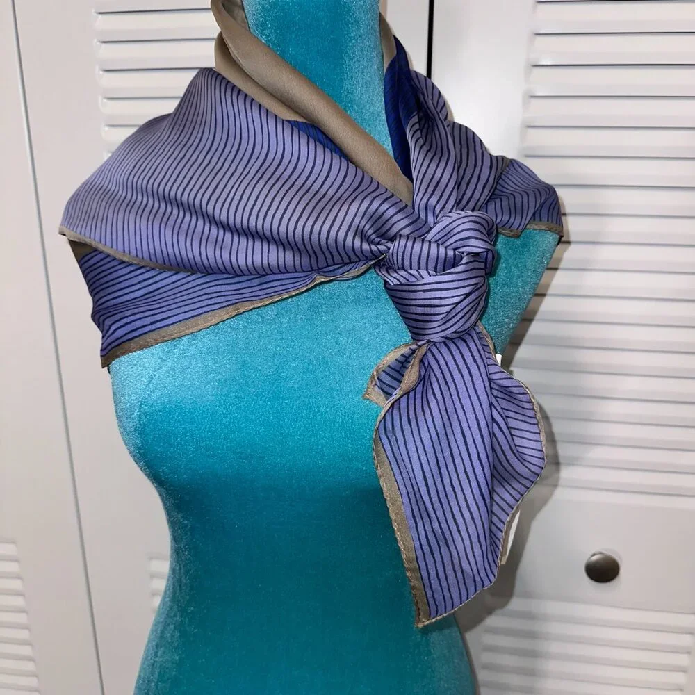 Halston Heritage 100% Silk Square Scarf, Navy Taupe Violet Striped, NWT